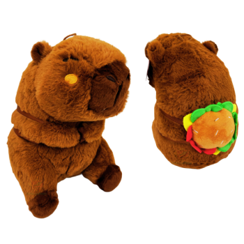 Braunes Plüsch-Capybara sitzend mit Burger-Rucksack am Rücken und entspanntem Gesichtsausdruck, ca. 25 cm
